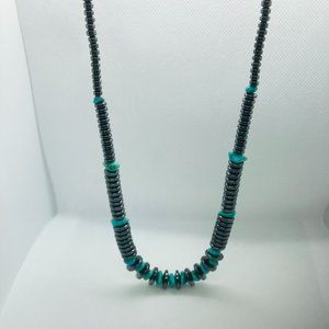 Hematite Turquoise Nugget Necklace 22 in